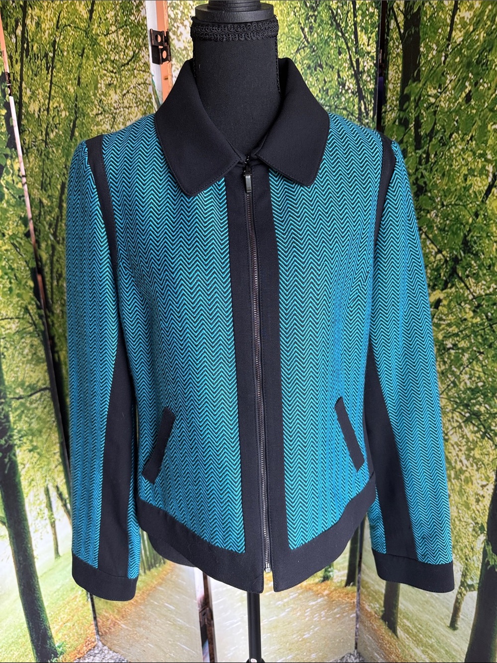 Carlisle Chevron Knit Zip Jacket Blue Black Career Blazer US 10 Designer